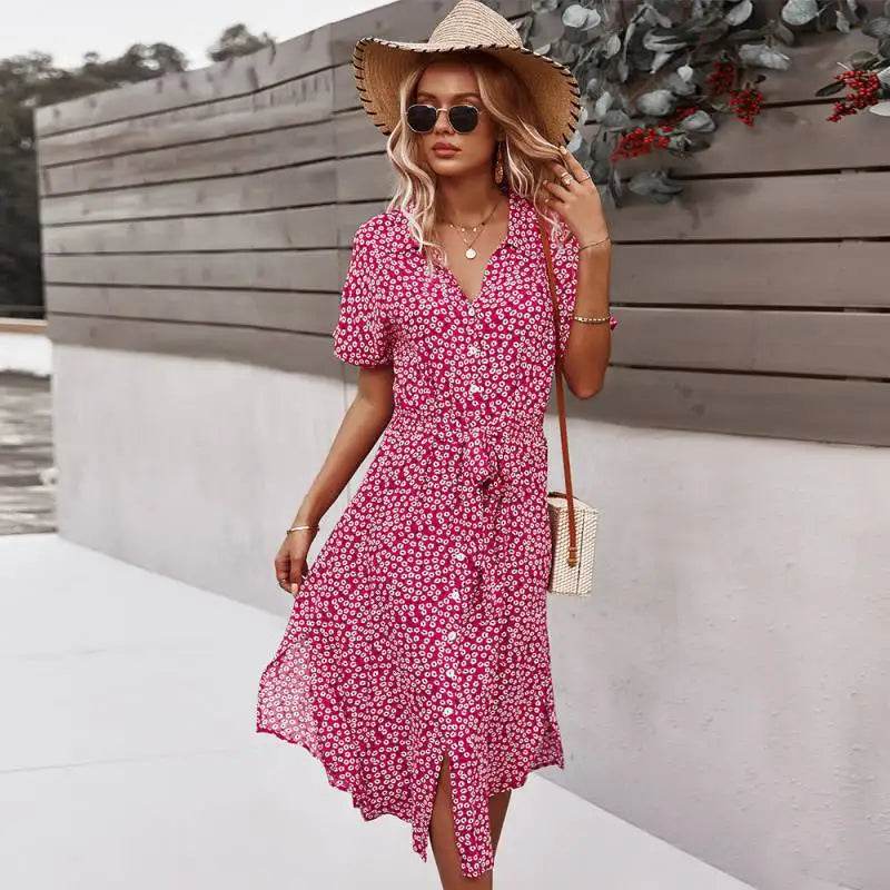 Bohemian Floral Print Midi Dress - Short Sleeve V-Neck Women's Wear - Buy Center