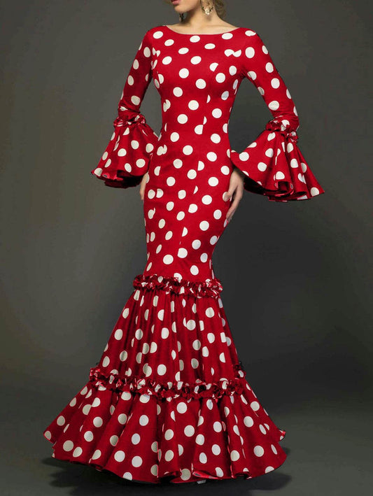Elegant Ladies Evening Dress - Polka Dot Flare Sleeve Fishtail Style - Buy Center
