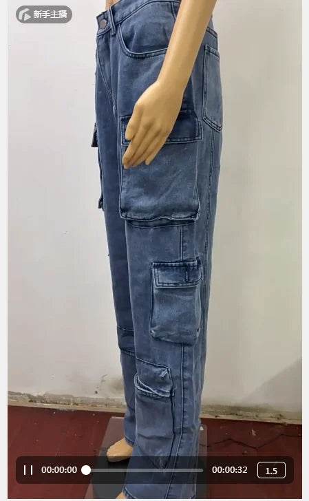 Trendy Women's High Waist Cargo Jeans - Distressed Denim Streetwear - Buy Center