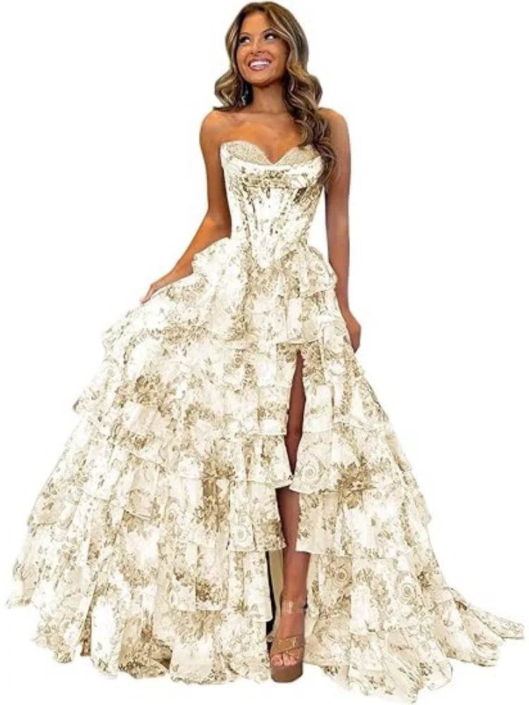 TSxuelian Floral Tiered Prom Dress - Strapless Ruffle Evening Gown - Buy Center