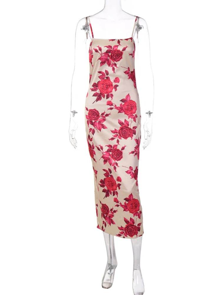 Hugcita Summer Y2K Floral Print Bodycon Midi Dress for Women - Buy Center