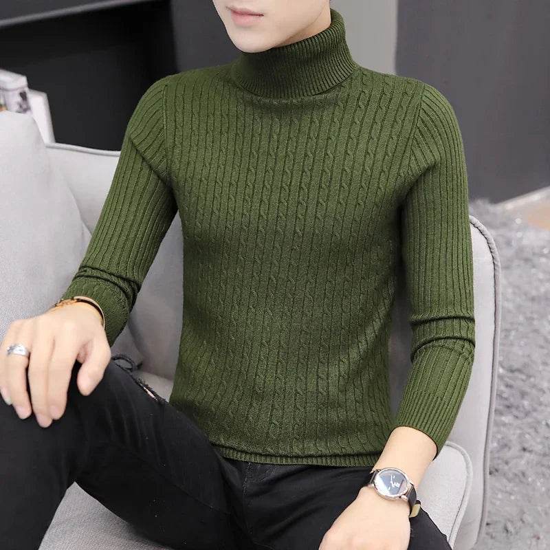 2025 Korean Slim Solid Color Turtleneck Sweater Mens Winter Long Sleeve Warm Knit Sweater Classic Solid Casual Bottoming Shirt - Buy Center