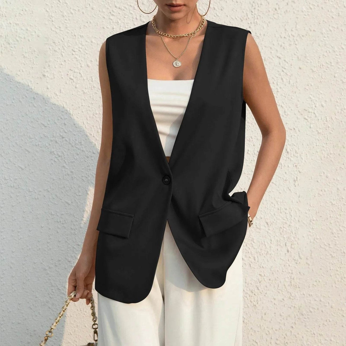 Vintage V-neck Suit Vest for Women - Casual Thin Blazer Jacket - Buy Center