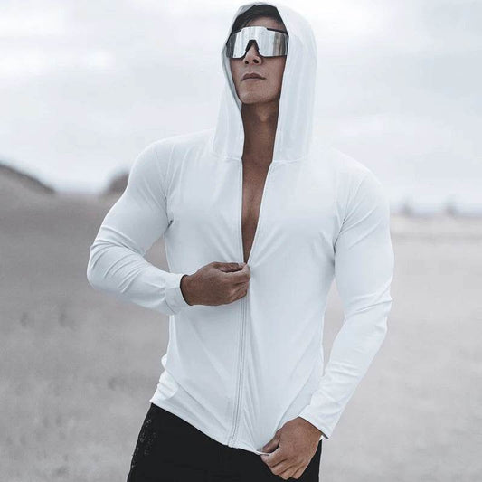 Spring and Autumn New Men's Sports Casual Running Exercise Gym Training white Thin Hooded Zipper Long Sleeve Sweater - Buy Center