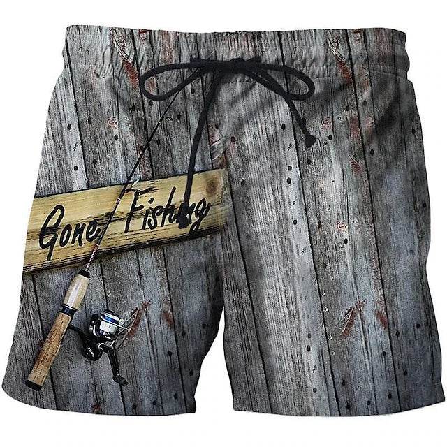 Men's Vintage 3D Fishing Print Swim Trunks - Quick Dry Beach Shorts - Buy Center
