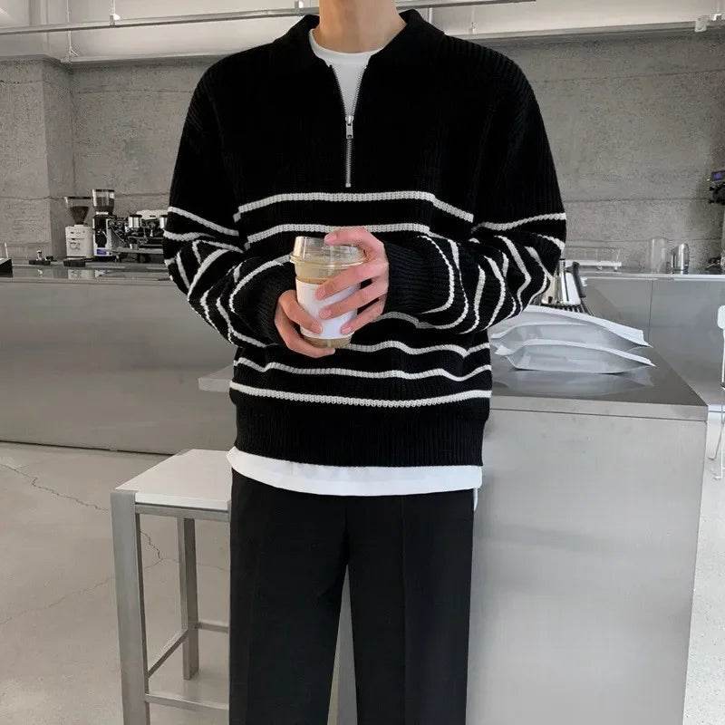 Autumn Korean Men's Light Style Lapel Long Sleeve Sweater Fashion High-end Loose Retro Casual Half Zip Striped Sweater Top - Buy Center