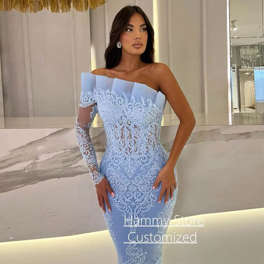 Light Blue Mermaid Evening Dress - One Shoulder, Sequined Appliques - Buy Center
