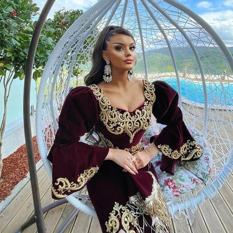 Gendriergarcia Burgundy Mermaid Caftan Dress - Appliques & Long Sleeves - Buy Center