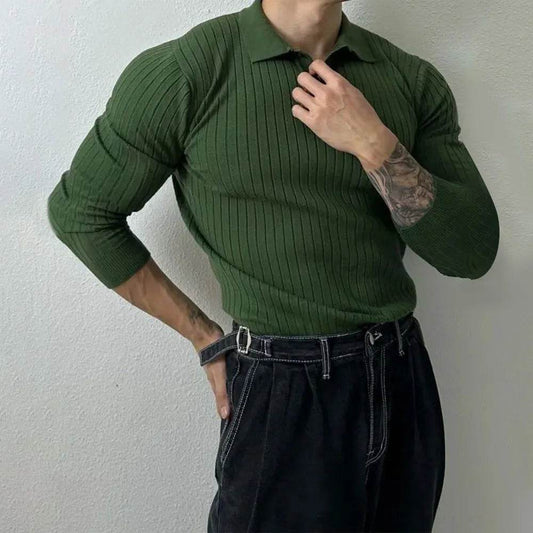 Mens Pullover Polo Korean Retro Stripe Temperament Ribbed Knit Top Autumn Slim Fit Long Sleeve Casual Trend Muscle Men's Clothes - Buy Center
