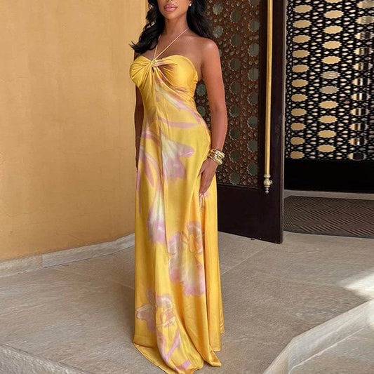 ELSVIO Women's Yellow Printed Halter Dress - Sexy Summer A-Line Style - Buy Center