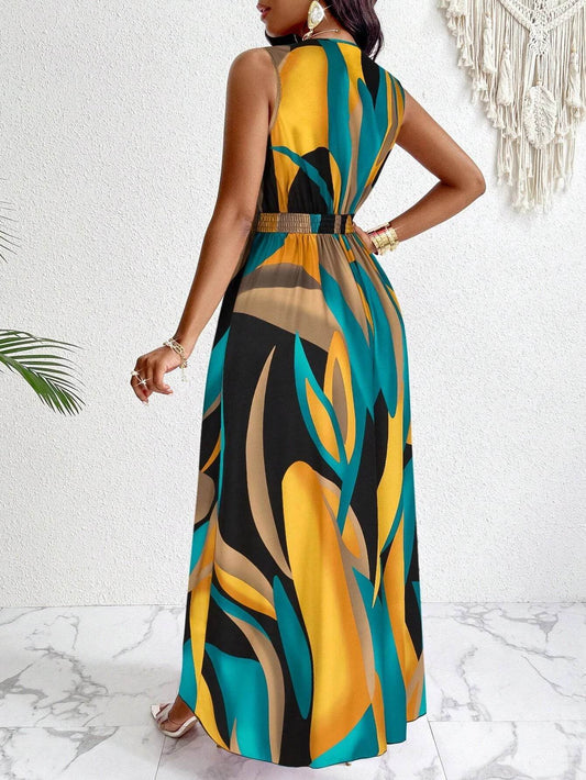 Tropical Print V-Neck Maxi Dress - Women's Fit and Flare Spring Style - Buy Center
