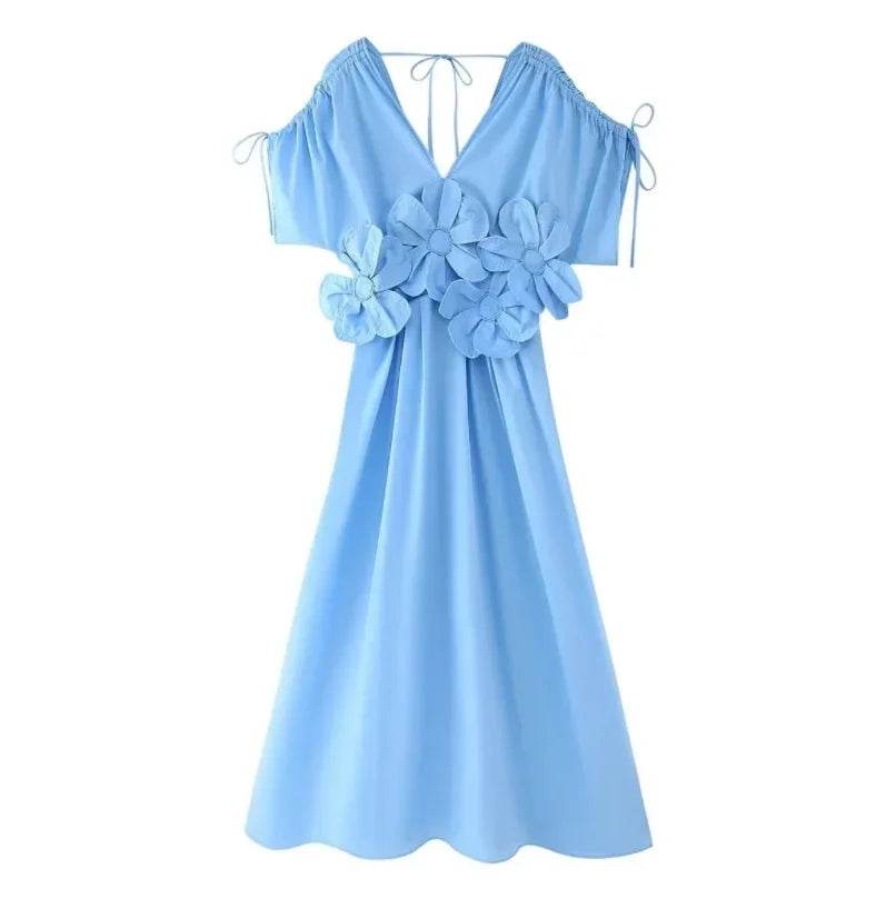 Elegant Blue V-Neck Long Dress - Waist-Fitted Bow Decor for Women - Buy Center