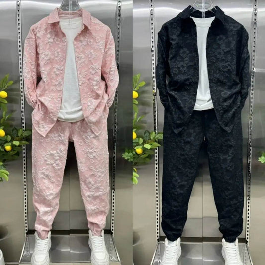 Trendy 3D Jacquard Shirt Jacket & Pants Set for Men - Casual Sports Suit - Buy Center
