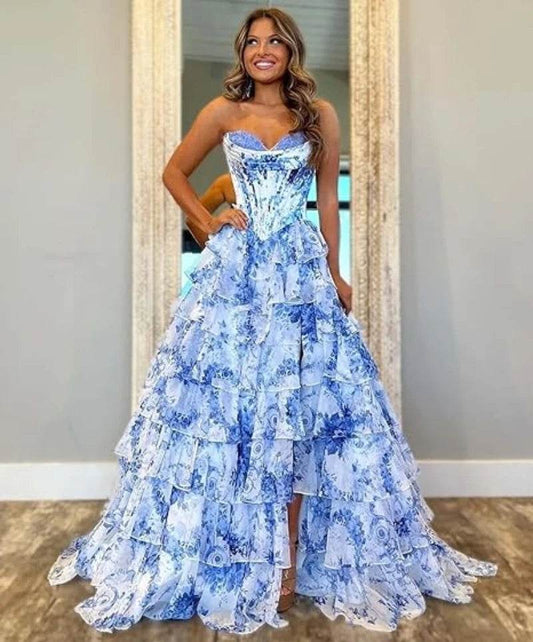 TSxuelian Floral Tiered Prom Dress - Strapless Ruffle Evening Gown - Buy Center