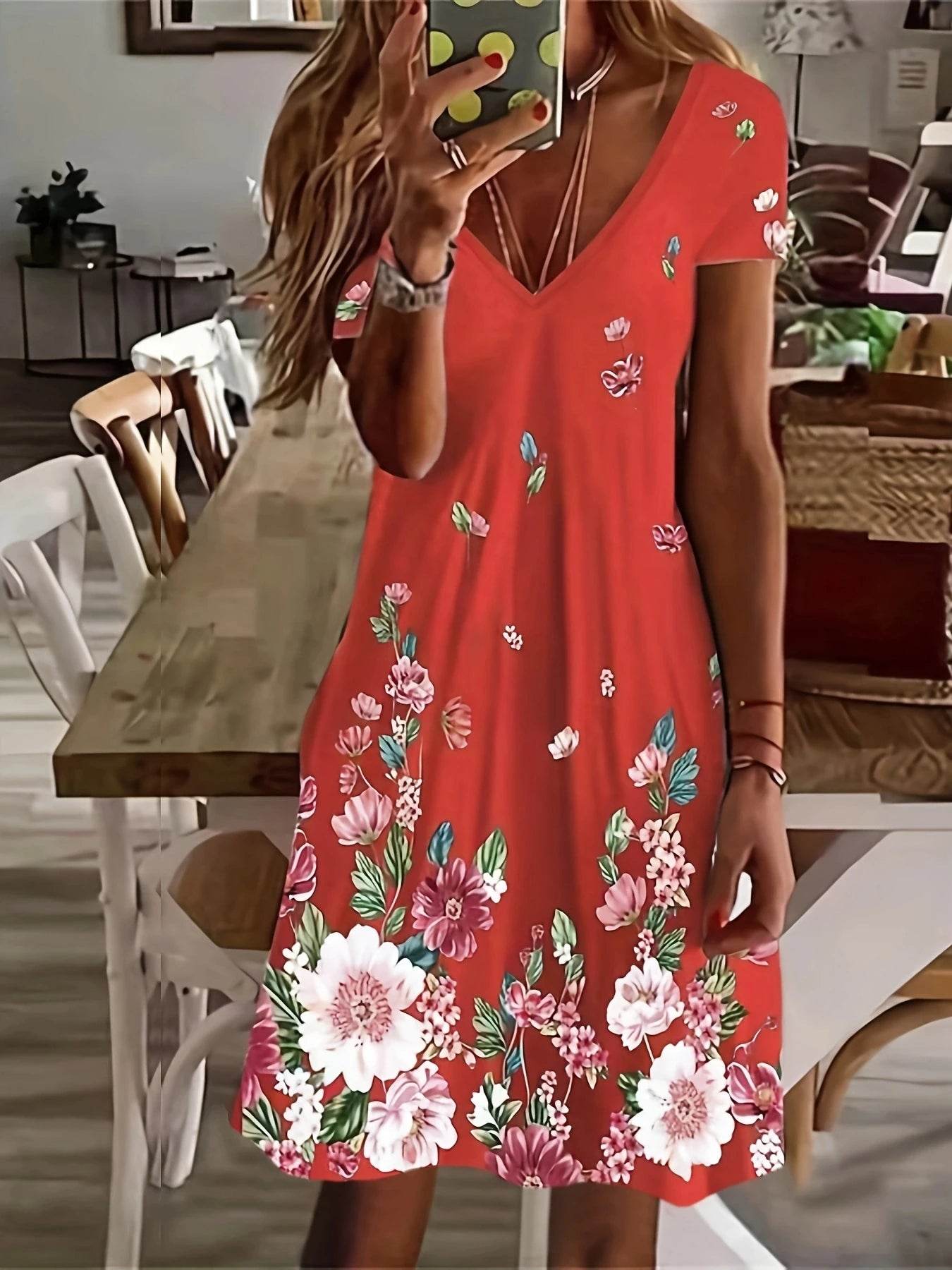 Chic Floral Knee-High Dress - V-Neck Casual Wear for All Seasons - Buy Center