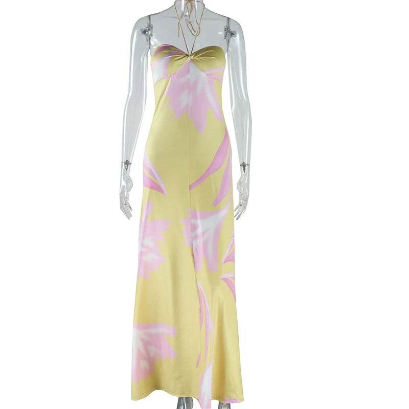 ELSVIO Women's Yellow Printed Halter Dress - Sexy Summer A-Line Style - Buy Center