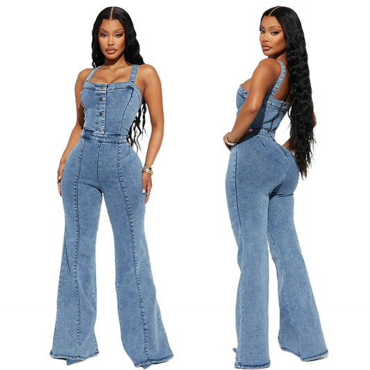 Women’s Sexy Flare Jeans Rompers - Square Collar Ankle-Length Overalls - Buy Center