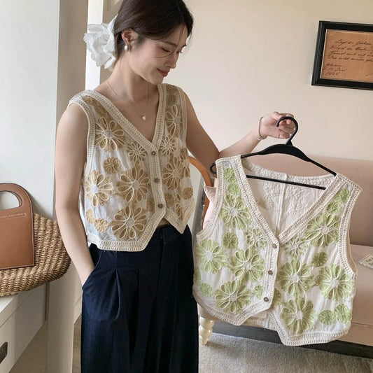 Fictitni Floral Crochet Vest Top - Bohemian Button-Up for Summer - Buy Center