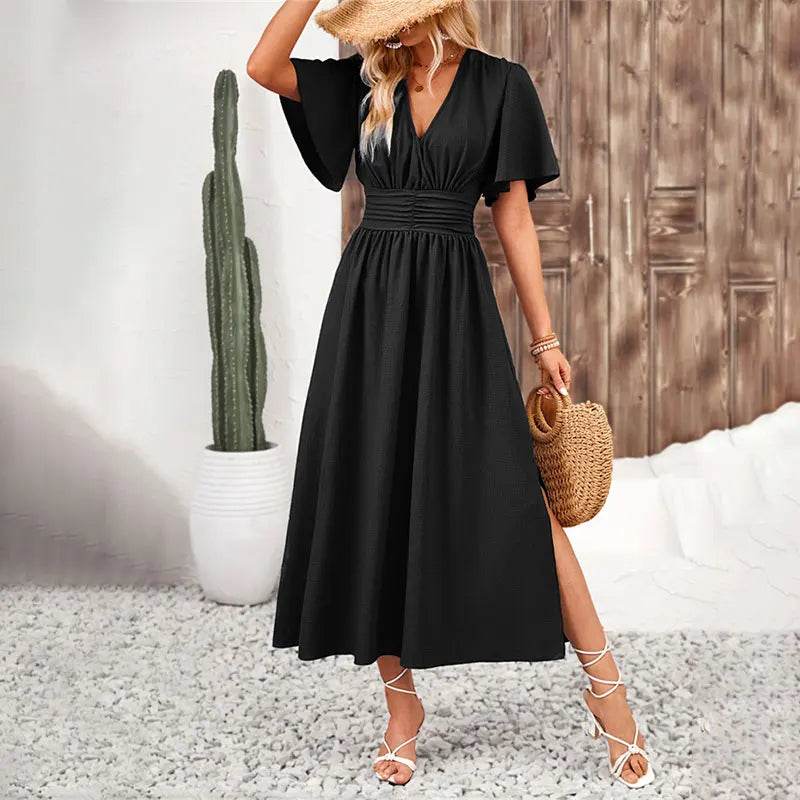 Chic Women's Pleated Ruffle Dress - V Neck Short Sleeve Summer Style - Buy Center