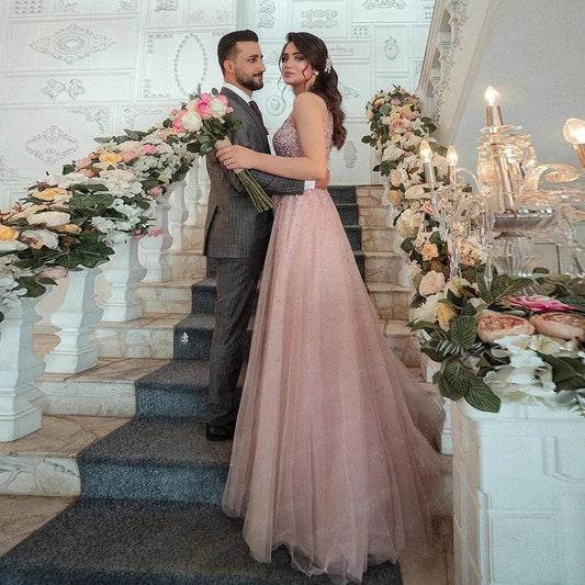 Customized Dubai Luxury Pink Tulle Wedding Dress - Sleeveless, Sequin Design - Buy Center
