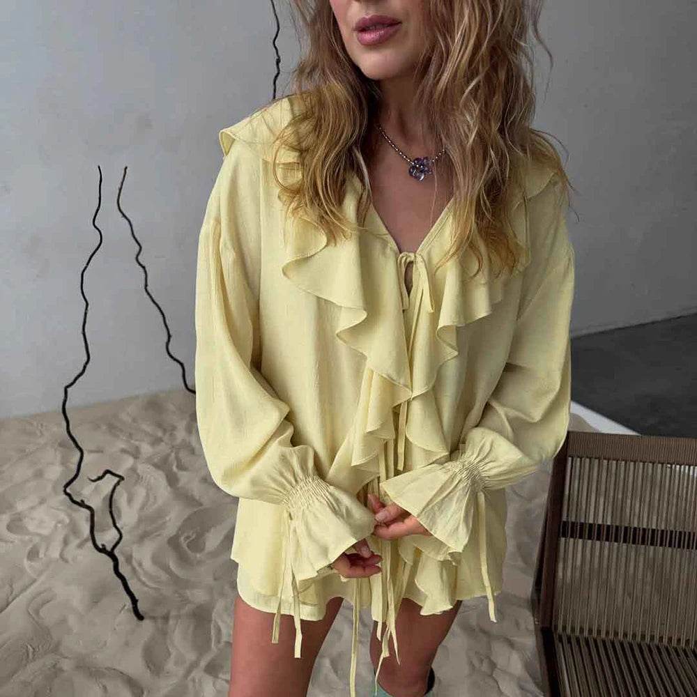 Tuularose Women's Ruffled Tie Top & Shorts Set - Casual Office Style - Buy Center