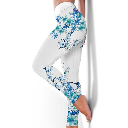 Buycenter Women's Blue Flower Printed Hip Lifting Pants for Fitness - Buy Center