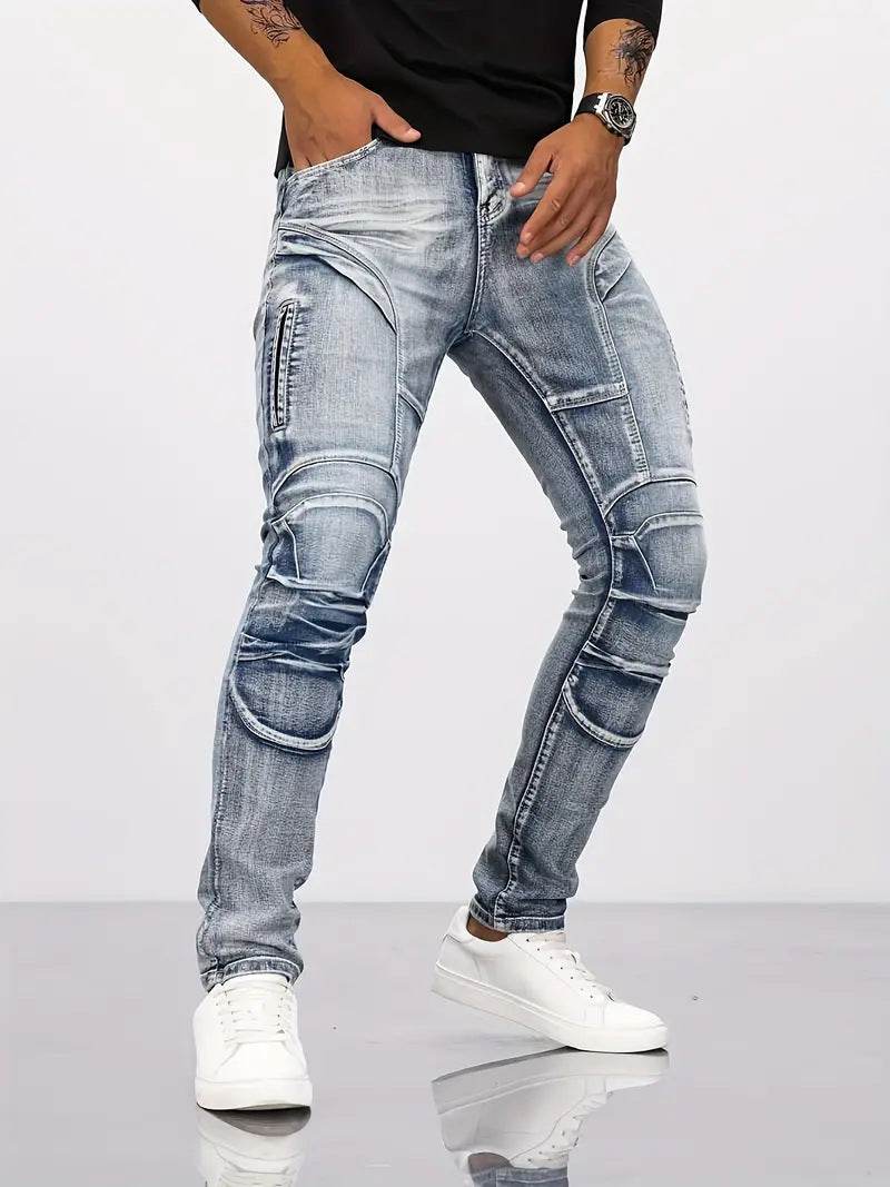 Retro Casual Stretch Motorcycle Jeans for Men - Mid Waist, Light Blue - Buy Center