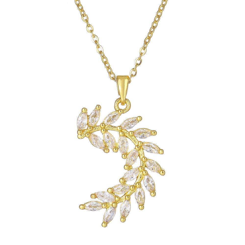 Sparkling Zircon Leaf Pendant Necklace - Gold Wheat Design for Women - Buy Center