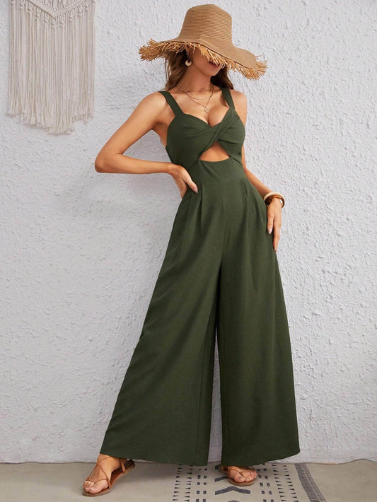 Buycenter Women's Casual Army Green Jumpsuit - Spaghetti Straps, Loose Fit - Buy Center