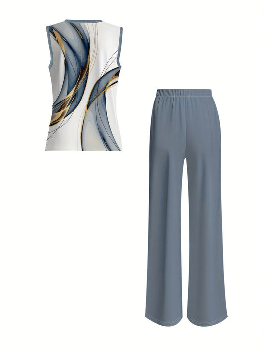 Women's Floral Print Set - Square Neck Vest & Wide Leg Pants Set - Buy Center