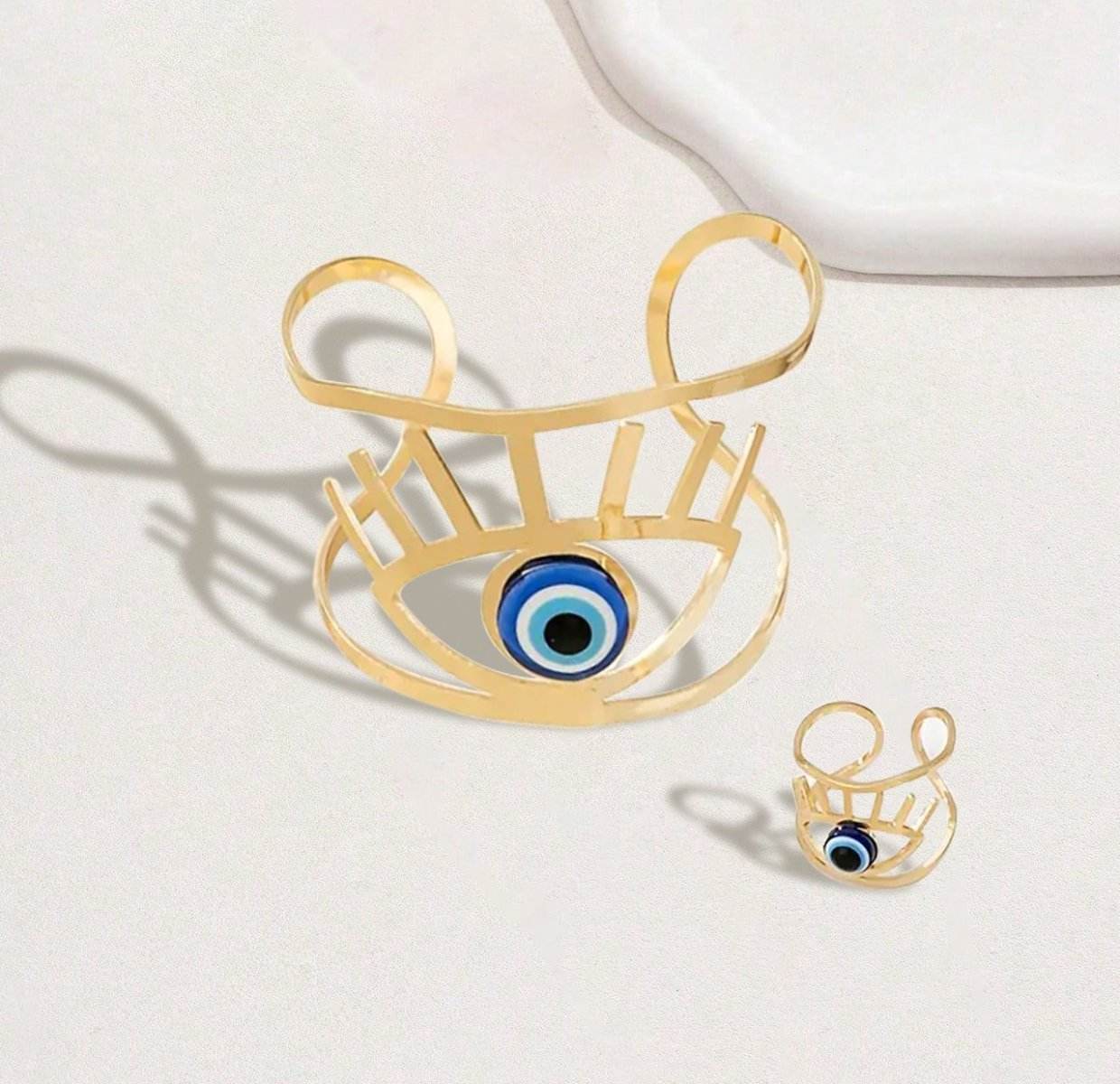 Buycenter 14K Gold Plated Bangle & Adjustable Ring Set - Golden Eye Charm - Buy Center