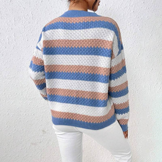 Buycenter Striped Casual Sweater - Round Neck, Long Sleeve for Women - Buy Center