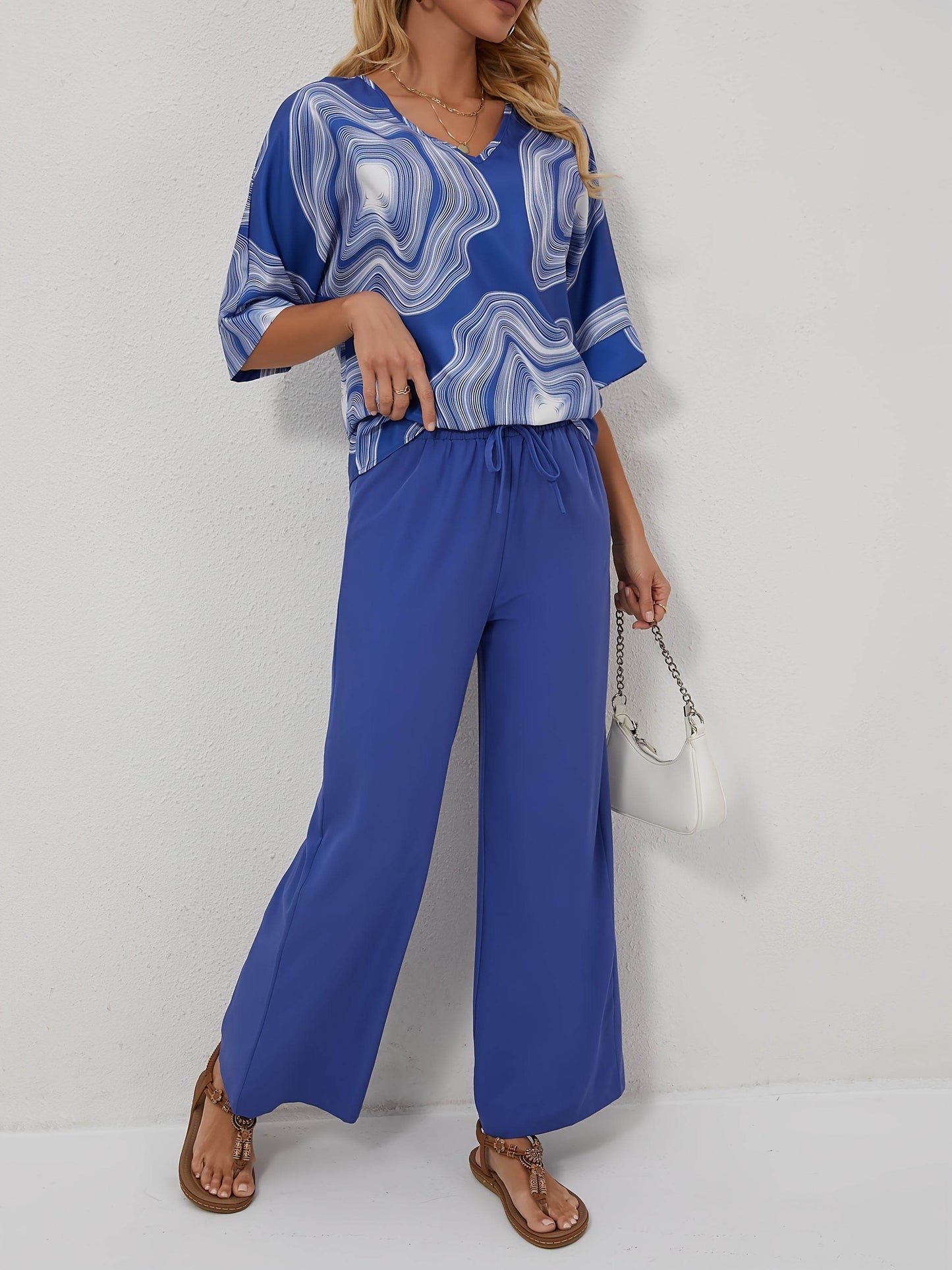 Elegant V-Neck Geometric Pantsuit - 100% Polyester for Spring/Fall - Buy Center