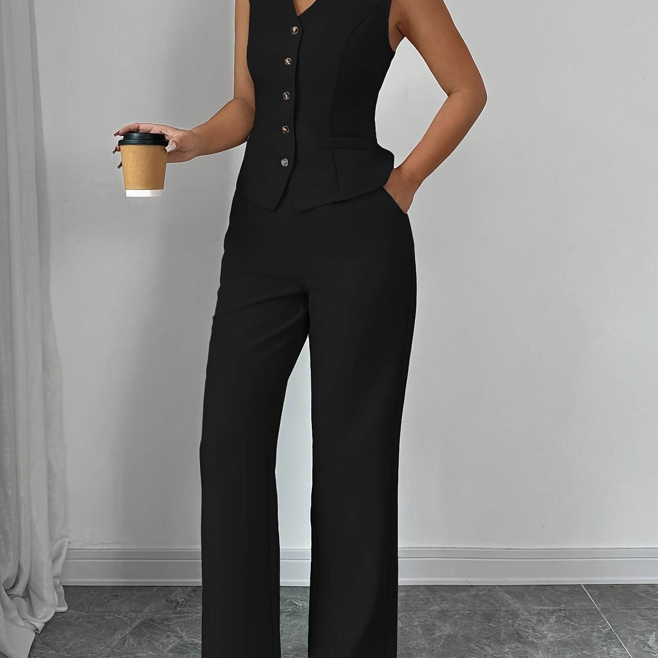 Women's Solid Color Vest & Wide-Leg Pants Set - Elegant Spring Look - Buy Center