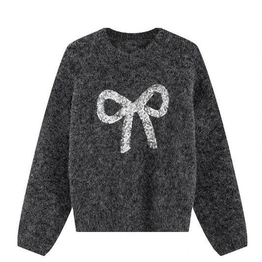 Women's Heavy-Duty Bow Sequined Pullover Sweater - Casual Loose Fit - Buy Center