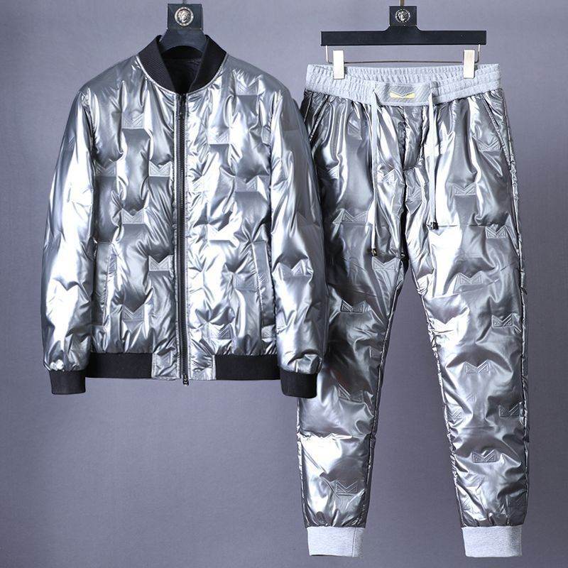 Buycenter Men's Glossy Down Jacket - Stylish Black & Silver Suit Set - Buy Center