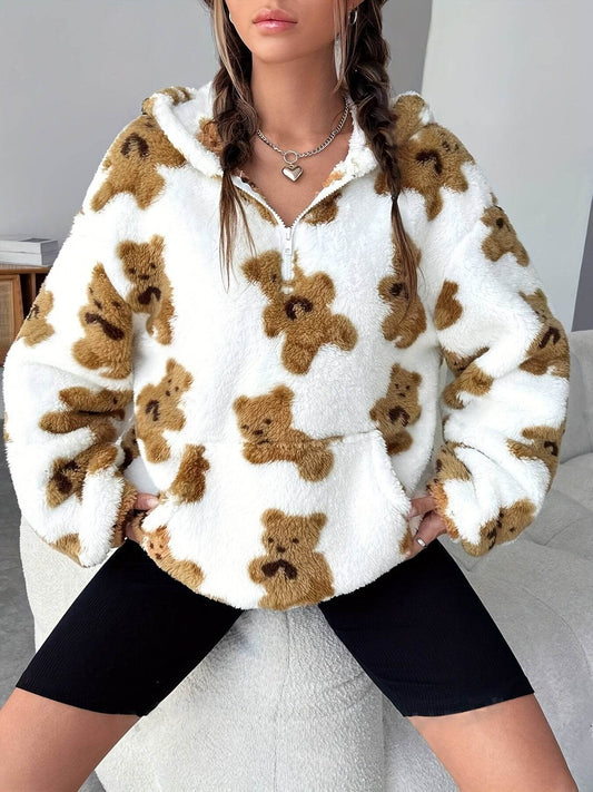 Buycenter Women's Casual Bear Printed Plush Hoodie - Loose Fit, White - Buy Center