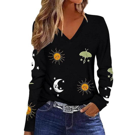 Buycenter Sun Moon Star Graphic V-neck T-shirt - Breathable Long Sleeve Blouse - Buy Center