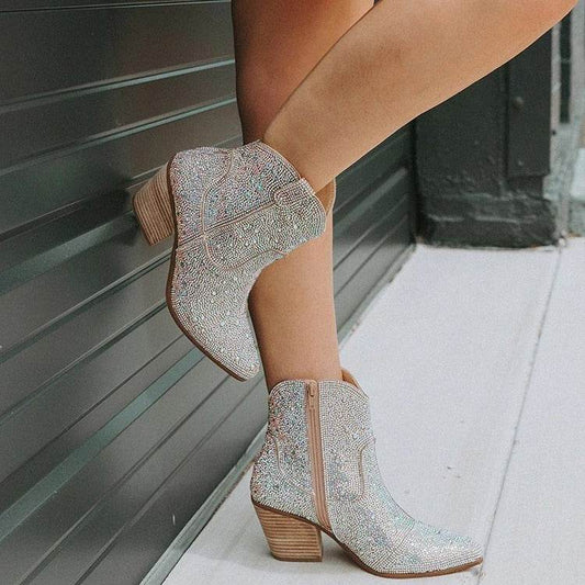 Buycenter Pointed High Heel Ankle Boots - Chunky Rhinestone Design - Buy Center