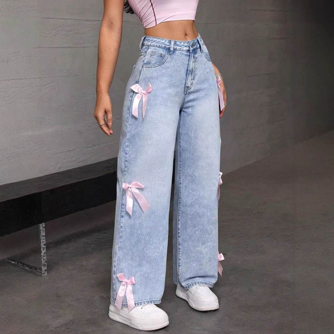 Buycenter Women's Bowknot Collage Jeans - Loose Straight-Leg Pants - Buy Center