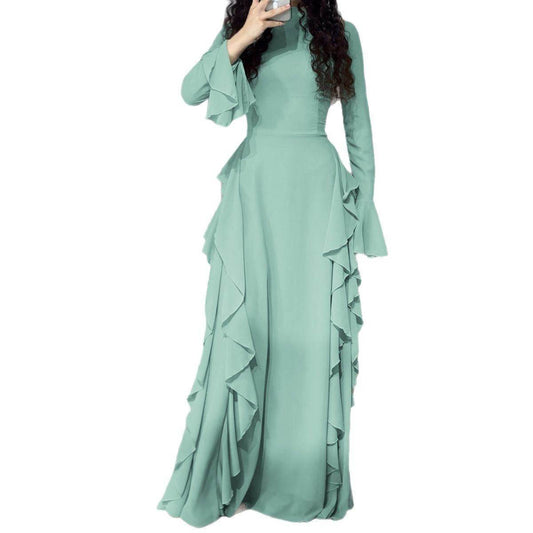 Buycenter High Waist Bell Sleeve Dress - Elegant Ruffle Design in Multiple Colors - Buy Center