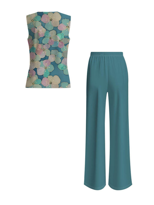 Women's Elegant Floral Printed Set - Square Neck Vest & Wide-Leg Pants - Buy Center