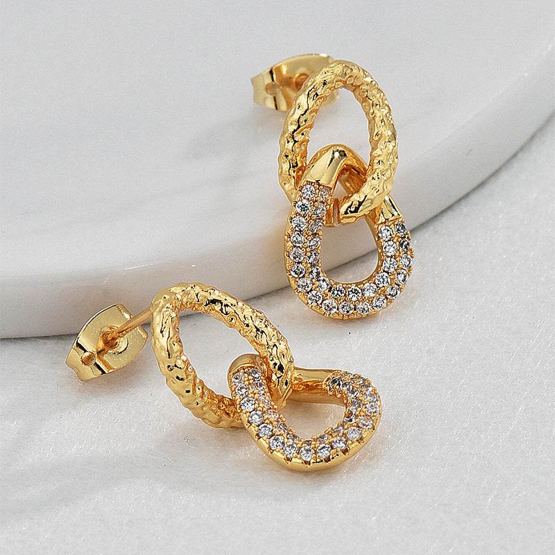 Retro Double Ring Stud Earrings - 18K Gold & Micro Inlaid Zirconium - Buy Center