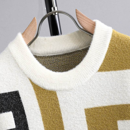 Men's Casual Loose Fit Sweater - Trendy Letter Jacquard Design - Buy Center