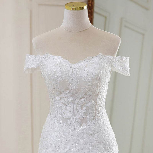 Elegant High Waist White Lace Wedding Dress - V-Neck Long Tail Style - Buy Center