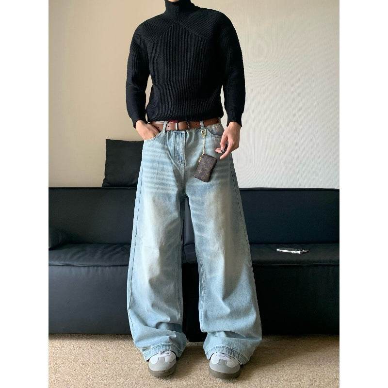 Retro Washed Loose Men's Jeans - Stylish Straight Wide-Leg Denim Pants - Buy Center