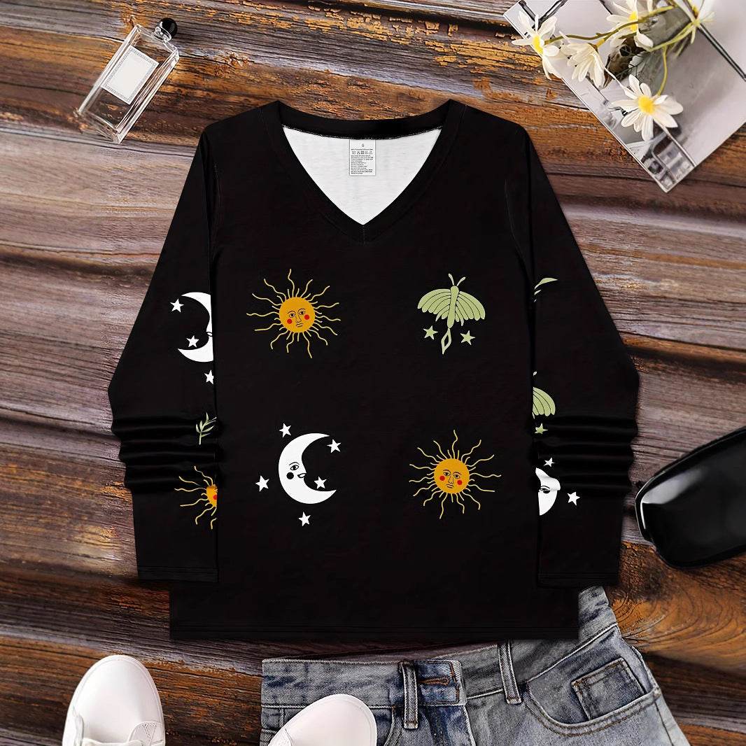 Buycenter Sun Moon Star Graphic V-neck T-shirt - Breathable Long Sleeve Blouse - Buy Center