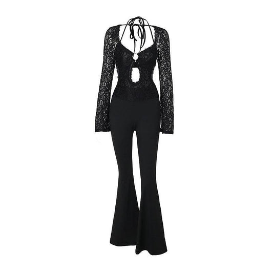 Slim-fit Long-sleeved Lace Backless Jumpsuit - Stylish High Waist Design - Buy Center