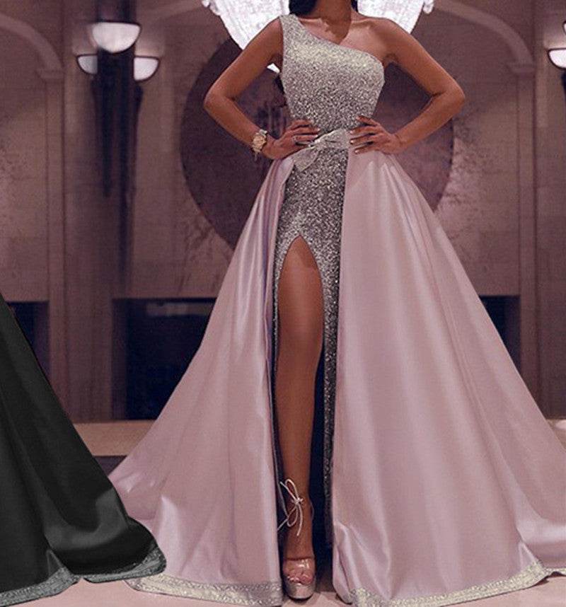 Buycenter One-Shoulder Mopping Evening Dress - Pink & Black Options - Buy Center