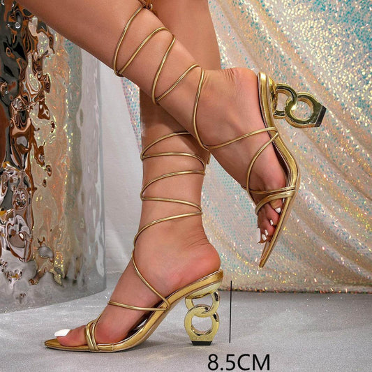 Buycenter Gold High Heel Sandals - Fashionable Lace-Up Design - Buy Center